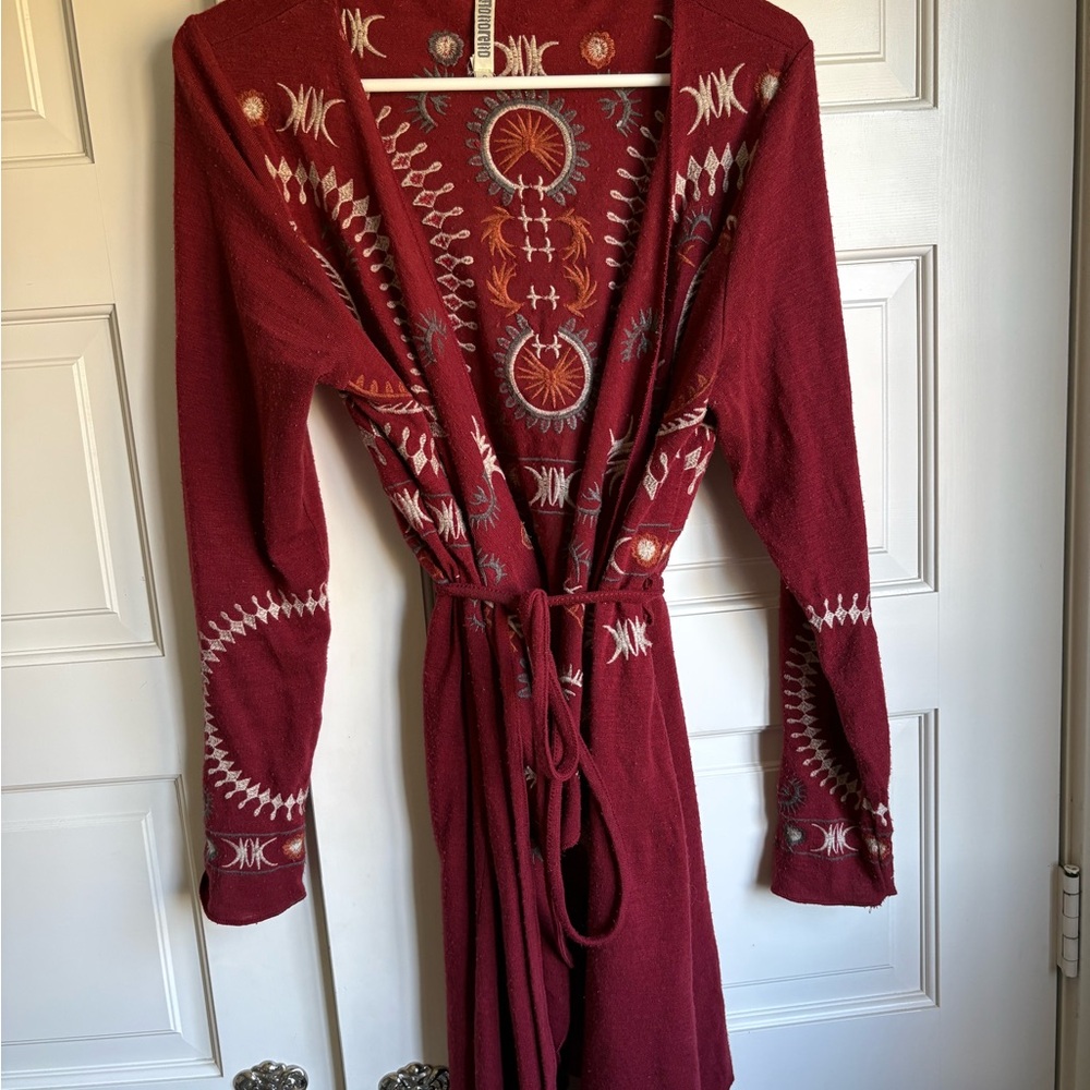 Embroidered Maroon Belted Long Cardigan